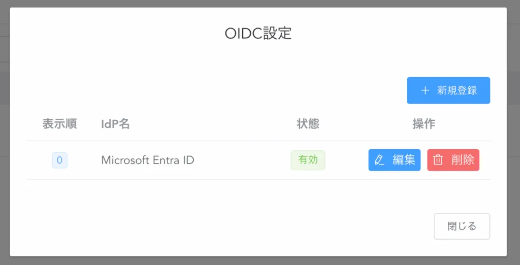 OIDC設定一覧画面。Microsoft Entra IDが有効状態で登録されている
