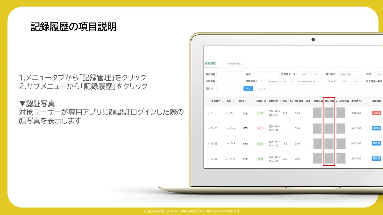 記録履歴一覧表の「認証写真」列が赤枠で囲まれた画面