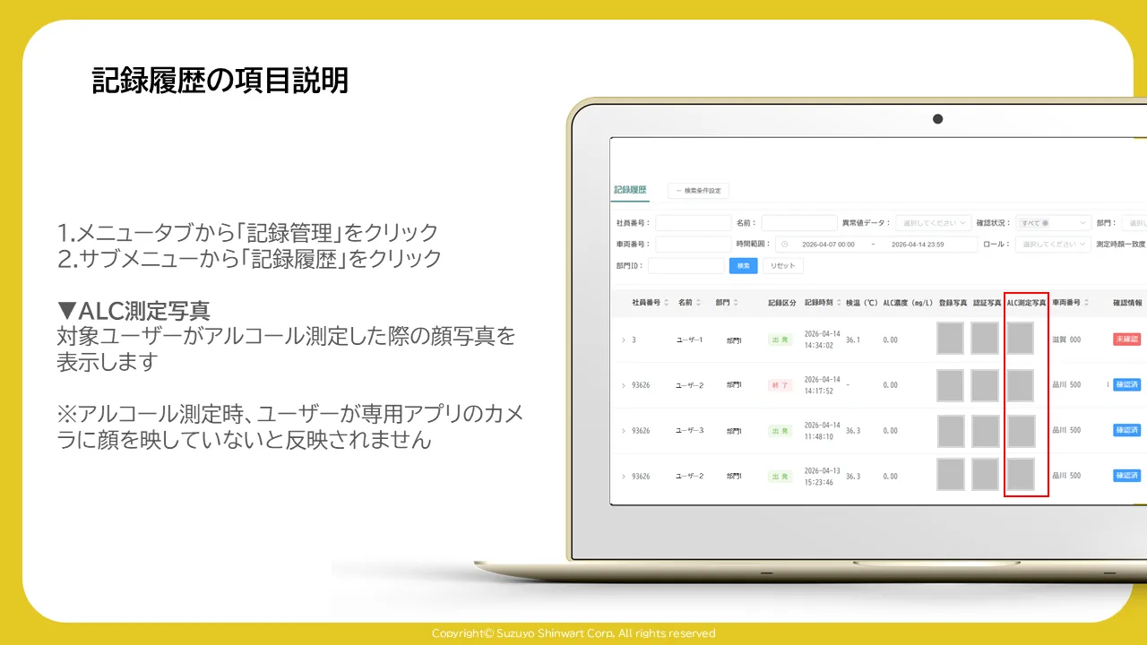 記録履歴一覧表の「ALC測定写真」列が赤枠で囲まれた画面