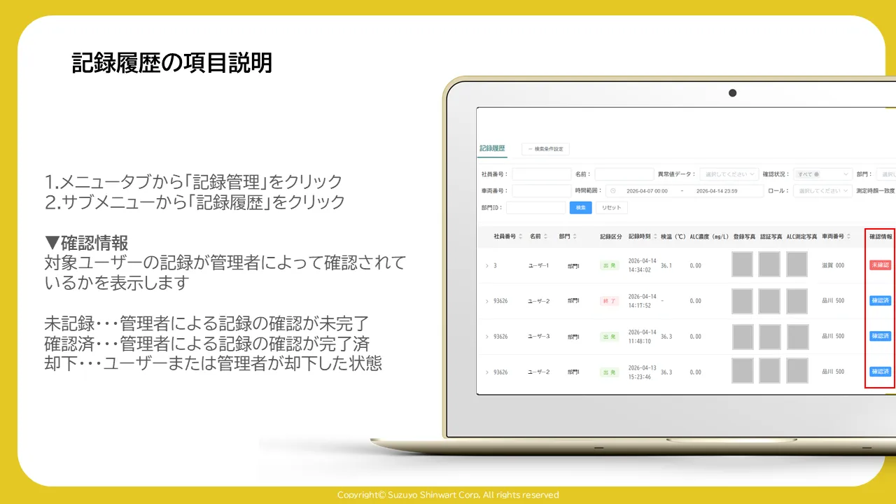 記録履歴一覧表の「確認情報」列に未確認・確認済のタグが表示された画面